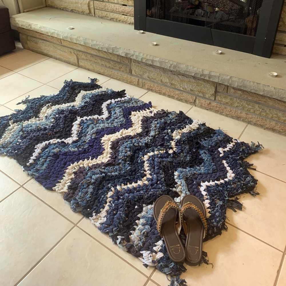 Handmade, crocheted re-purposed fabric rug